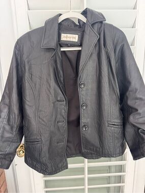 Jones New York Black Leather Jacket with Label Detail
